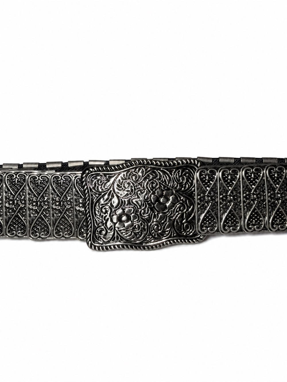 Antiqued Silver Tone Stretch Metal Tile Belt Adjustable One Size Boho